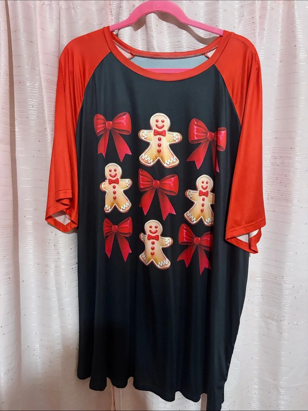 SHEIN Black and Red Gingerbread Bow Nightgown - 3/4 Sleeve Pajama